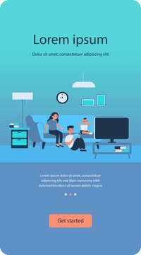 Happy children watching TV at home. Kids sitting on couch in living room flat vector illustration. Leisure time, movie, show concept for banner, website design or landing web page