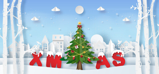 Christmas banner background, Origami Paper art of Christmas tree in the village with XMAS word, Merry Christmas and Happy New Year