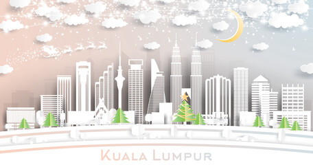 Kuala Lumpur Malaysia City Skyline in Paper Cut Style with Snowflakes, Moon and Neon Garland.