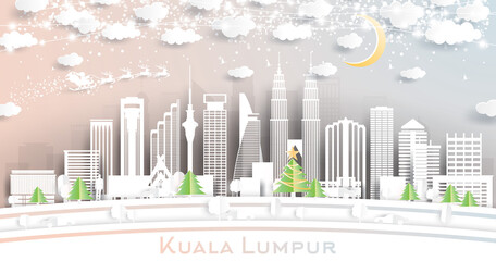 Fototapeta premium Kuala Lumpur Malaysia City Skyline in Paper Cut Style with Snowflakes, Moon and Neon Garland.
