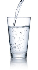 Pour water into a glass placed on a white background.