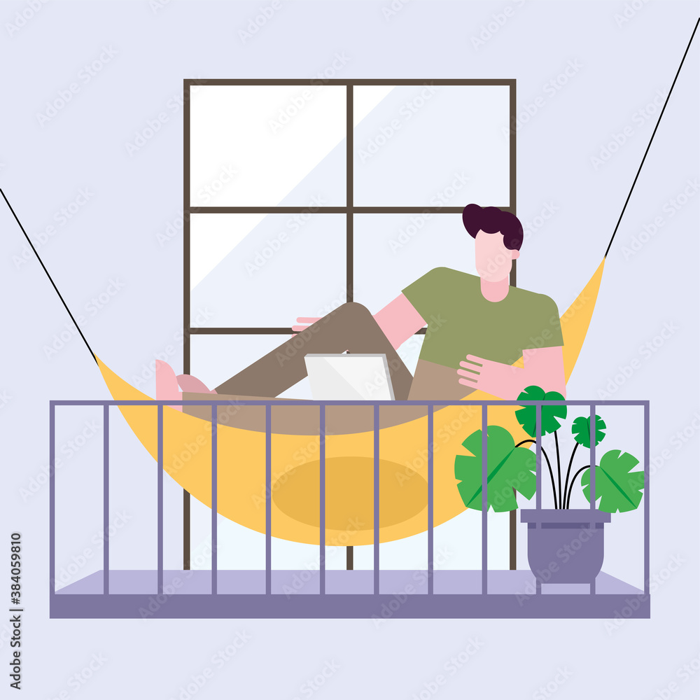 Aufkleber man with laptop working on hammock from home vector design