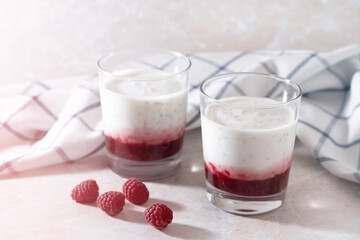 Two servings of fresh natural homemade organic yogurt (ester) with natural berries and seeds in...