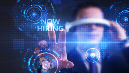 Business, technology, internet and network concept. Young businessman thinks over the steps for successful growth: Now hiring