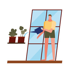 man with plants and watering can at home window vector design
