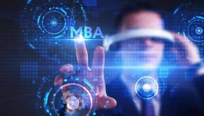 Business, technology, internet and network concept. Young businessman thinks over the steps for successful growth: MBA