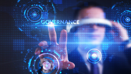 Business, technology, internet and network concept. Young businessman thinks over the steps for successful growth: Governance