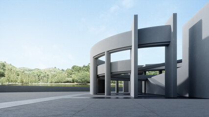 Empty concrete floor for car park. 3d rendering of abstract white curved building with clear sky background.