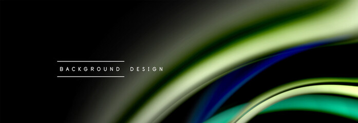 Dynamic motion abstract background. Color blurred stripes on black. Wave liquid lines poster. Vector illustration