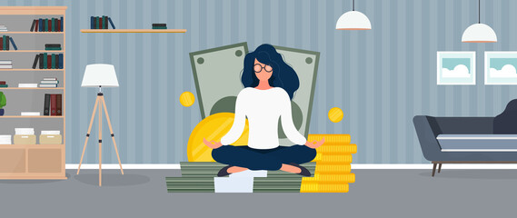A girl in a lotus position sits on a mountain of gold coins. Dollars, gold coins. The concept of wealth, safety of money and capital. Vector.