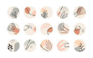 Minimalist abstract nature art icon collection. Pastel color dot template bundle for social media story, web highlight or blog. Modern hand drawn plant leaf and tropical circle shape decoration set.