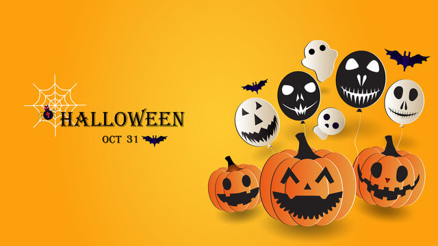 Vector Halloween illustration on a yellow background. Ghost, skull, bats, pumpkins, monster balloons, cobwebs. EPS 10.