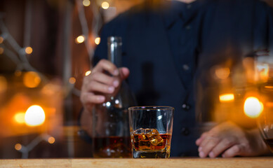 Bartender Serve Whiskey, on wood bar, 