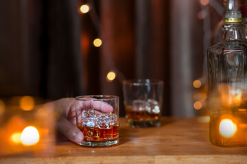 Bartender Serve Whiskey, on wood bar,