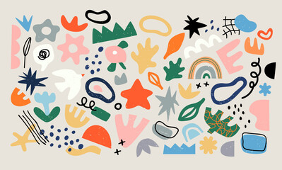 Fototapeta na wymiar Set of trendy doodle and abstract random icons on isolated background. Big element collection, unusual organic shapes in freehand matisse art style. Includes bird, leaf, flower and texture bundle.