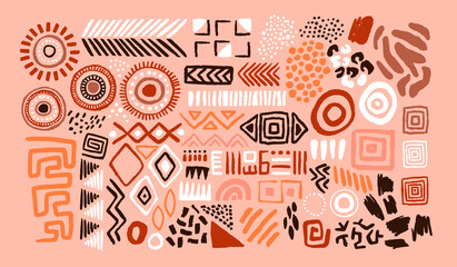 Abstract african art shapes collection, tribal doodle decoration set. Random ethnic shapes, animal print texture and traditional hand drawn icons. - obrazy, fototapety, plakaty