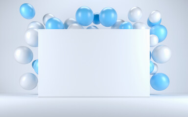 Blue and white balloon in a white interior around a white board. 3d render
