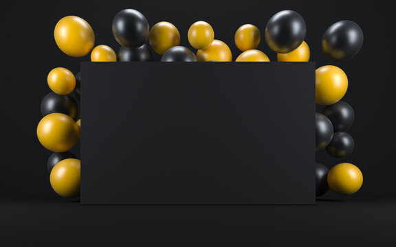 Yellow and black balloon in a black interior around a black board. 3d render
