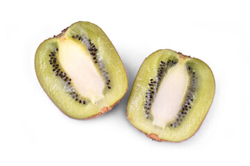 Two fresh green kiwi sliced on white background