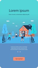 Dad spending leisure time with children. Kids, playing ball, dog, garden flat vector illustration. Home, outdoor activities, family concept for banner, website design or landing web page