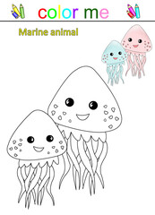 Illustration coloring book with images of sea animals. Children's pictures with colorful animals and a sketch for coloring on a white background close-up.