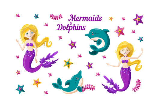 Mermaid, dolphins, seaweed and colorful starfish in big set. Happy little mermaid with golden hair. Cartoon vector illustration of fantasy underwater world.