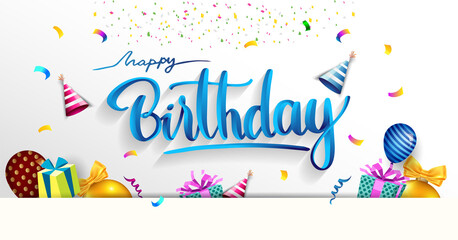 Happy Birthday typography vector design for greeting cards and poster with balloon, confetti and gift box, design template for birthday celebration.