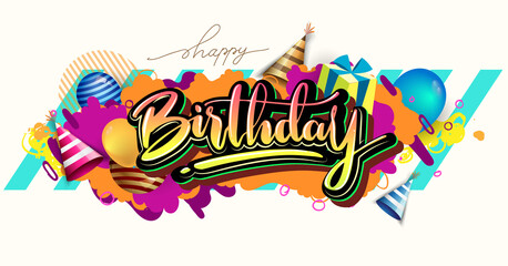 Happy Birthday celebration typography design for greeting card for greeting cards and poster with balloon, confetti and gift box, with geometric background, design template for birthday celebration.
