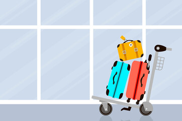 Suitcases on airport and luggage trolley. Travel bag. Summer time. Holidays. Vacation trip. Rest. Windows.