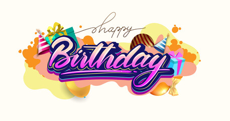 Happy Birthday celebration typography design for greeting card for greeting cards and poster with balloon, confetti and gift box, with geometric background, design template for birthday celebration.