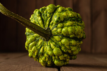 Small decorative green autumn pumpkin or squash on a wooden background with copyspace.