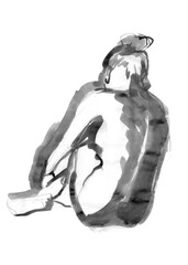 Woman nude sitting from behind painted with black ink