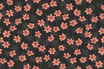 Hepatica black meadow seamless vector pattern. A garden of ditsy round hand painted flowers. Coral pink flowers on grey and black. Great for home décor, fabric, wallpaper, stationery, design projects.