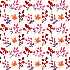 Watercolor autumn leaves and berries seamless pattern