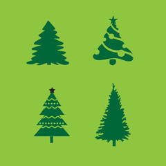 Christmas Tree flat icons set. Web sign stylized spruce kit. Fir Farm pictogram geometric style, gift box, pine. Simple christmas tree cartoon colorful icon symbol isolated white. Vector Illustration