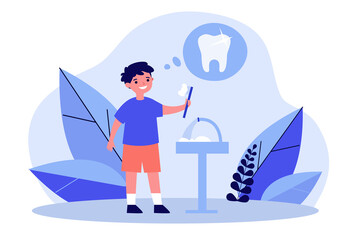 Smiling boy cleaning teeth for health. Toothbrush, basin, water flat vector illustration. Stomatology and hygiene concept for banner, website design or landing web page