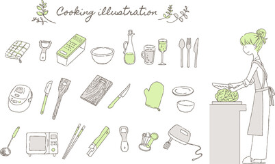 料理をする女性とキッチン用品のイラストセット