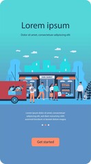 Obraz premium Smiling people buying organic food at farm market. Meal, fruit, vegetable flat vector illustration. Delivery, health and nutrition concept for banner, website design or landing web page