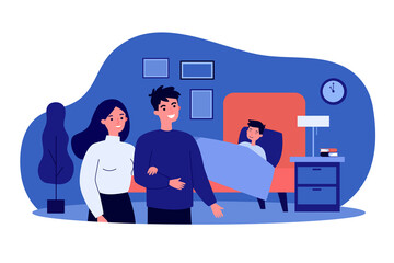 Happy couple watching their son sleeping. Bed, night, boy flat vector illustration. Family and happiness concept for banner, website design or landing web page