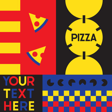 pizza box inspiration. idea for food packaging. template design for modern style with multicolour. geometric shape covering.pizza restaurant. food business. fast-food logo, label, packaging design