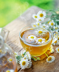 Obraz na płótnie Canvas Herbal chamomile tea and chamomile flowers near teapot and tea glass. Top view.