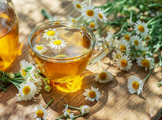 Glass of herbal chamomile tea and chamomile flowers on wooden table.