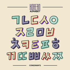 Korean vector alphabet set. Hangul consonants in a hand drawn cartoon style. Isolated symbols.
