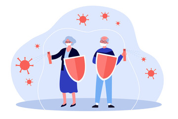 Senior people in masks protecting against viruses. Shield, disinfection, virus flat vector illustration. Pandemic and coronavirus concept for banner, website design or landing web page