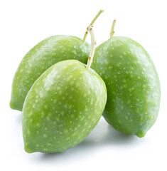 Three green natural olives isolated on a white background.