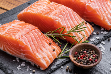 Fresh salmon fillets on black cutting board with herbs and spices.