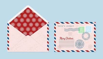 Christmas envelope with seals, stamps, open and closed. Cute vector illustration