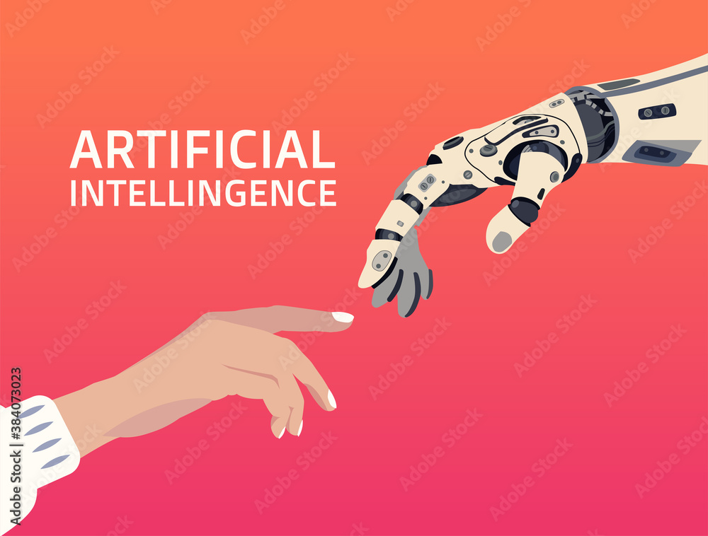 Poster female and robotic hands which getting closer to each other in gradient background with warm colours