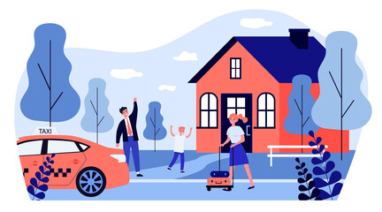 Happy family standing near taxi and waving to woman. Child, house, baggage flat vector illustration. Relocation and removal concept for banner, website design or landing web page © Bro Vector