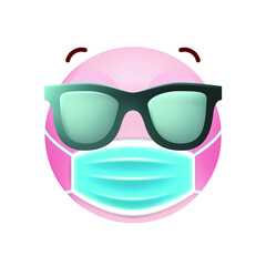 Cute Pink Emoticon with Cartoon Style with Medical Facial Mask on White Background . Isolated Vector Illustration 